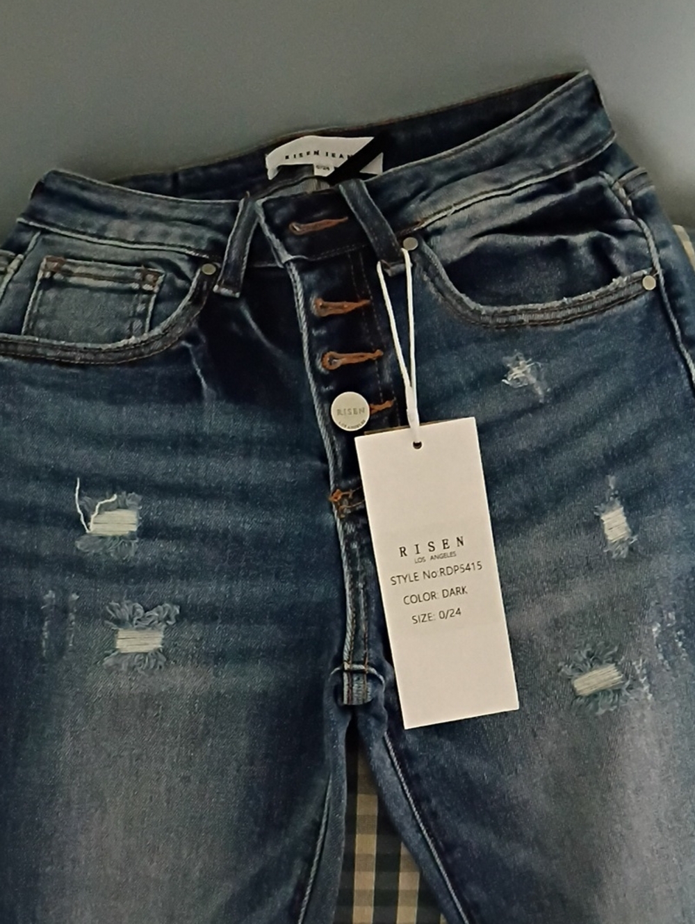 RISEN Dark Blue High-Rise Distressed Jeans